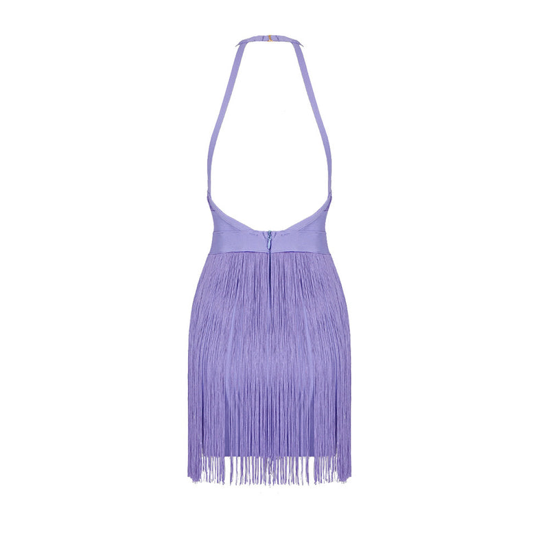 PURPLE HALTER TASSEL BACKLESS MINI DRESS