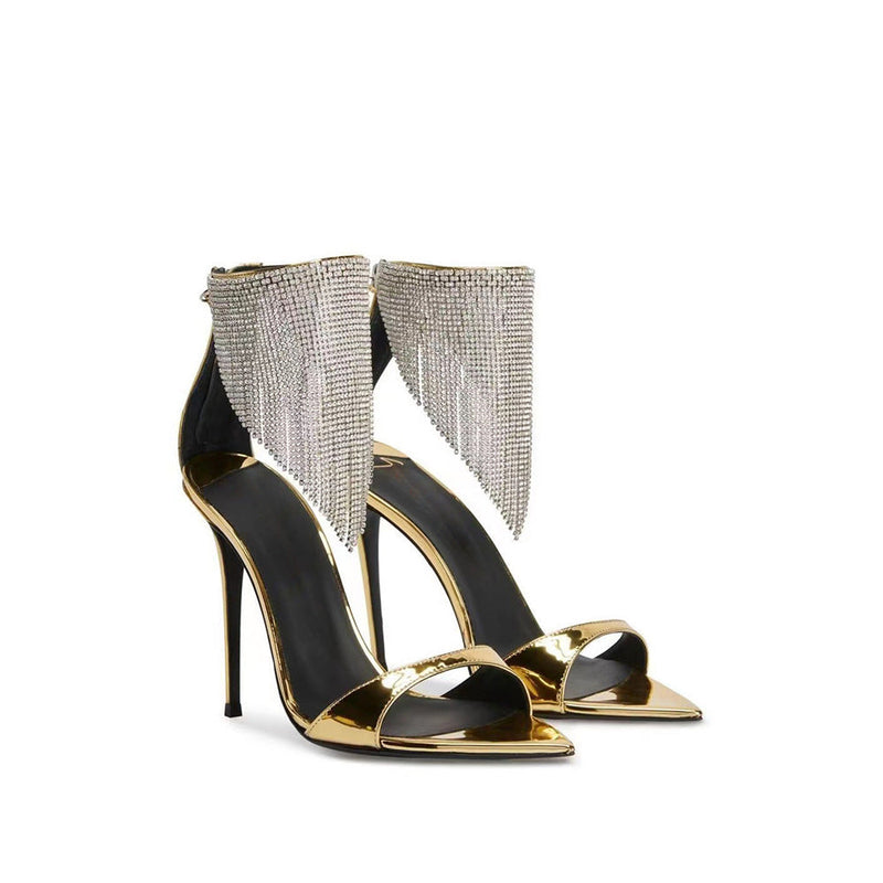 CRYSTAL TASSEL HEELS IN GOLD