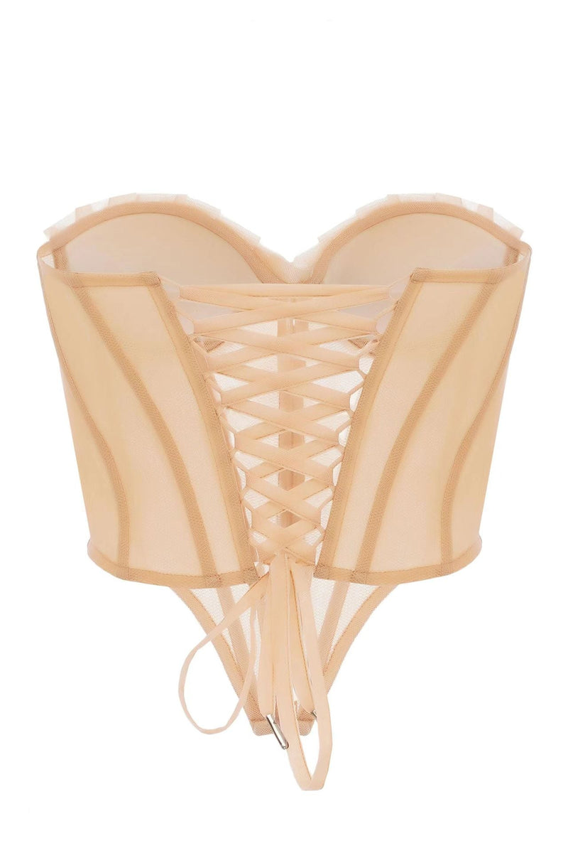 SHELL MESH LACE UP CORSET TOP IN BEIGE