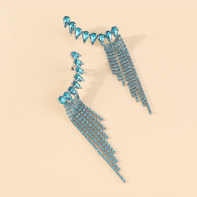 BLUE RHINESTONE TASSEL GEOMETRIC EARRINGS