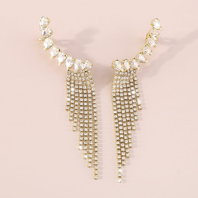 GOLD RHINESTONE TASSEL GEOMETRIC EARRINGS