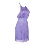 PURPLE HALTER TASSEL BACKLESS MINI DRESS