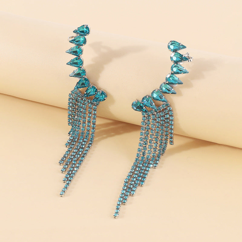 BLUE RHINESTONE TASSEL GEOMETRIC EARRINGS