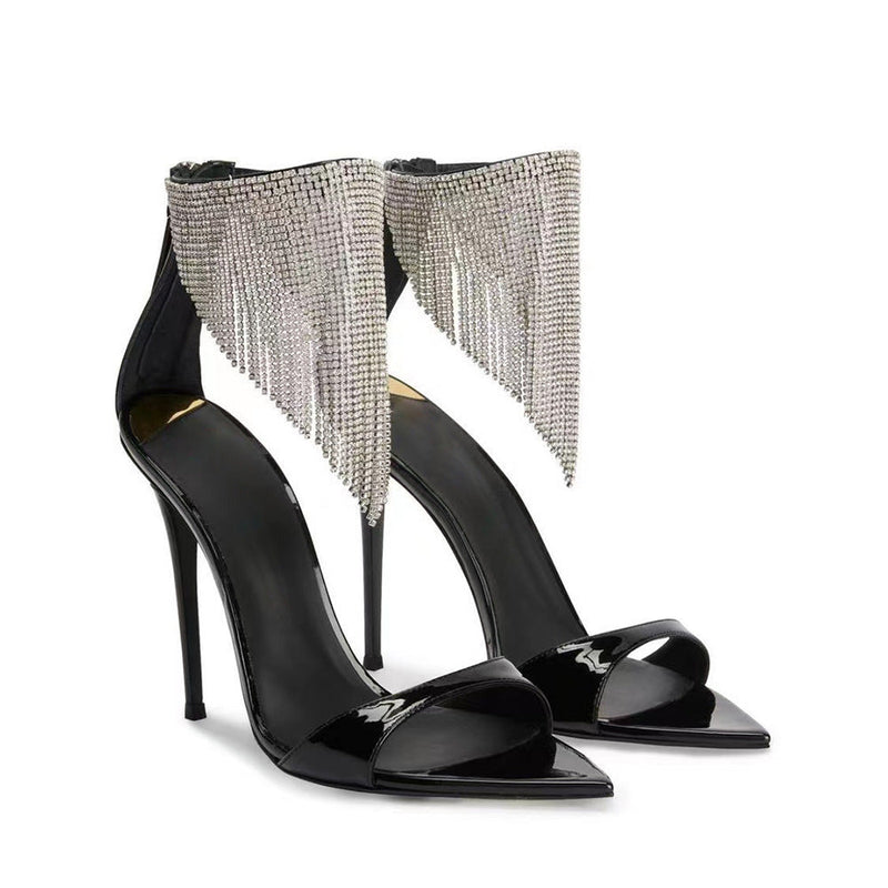 CRYSTAL TASSEL HEELS IN BLACK