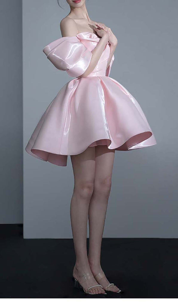 OFF SHOULDER SATIN MINI DRESS IN PINK DRESS styleofcb