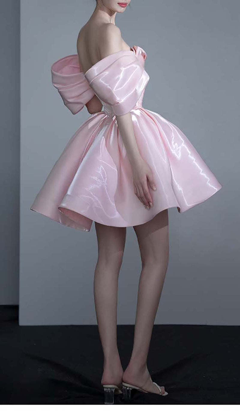 OFF SHOULDER SATIN MINI DRESS IN PINK DRESS styleofcb