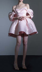 OFF SHOULDER SATIN MINI DRESS IN PINK DRESS styleofcb