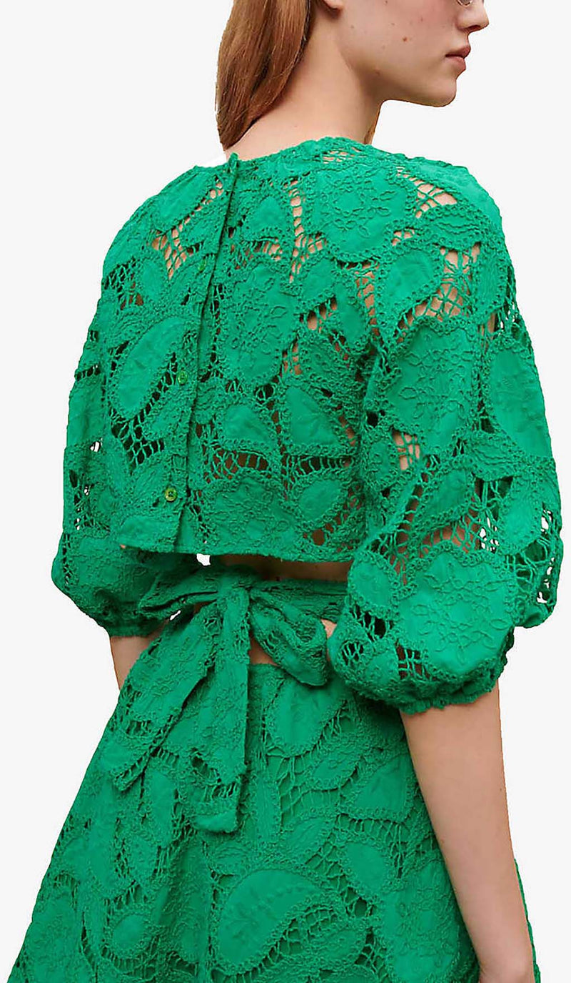 PAISLEY-EMBROIDERED MINI DRESS IN GREEN