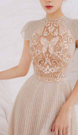 PLEATED EMBROIDERY MIDI DRESS IN BEIGE DRESS styleofcb