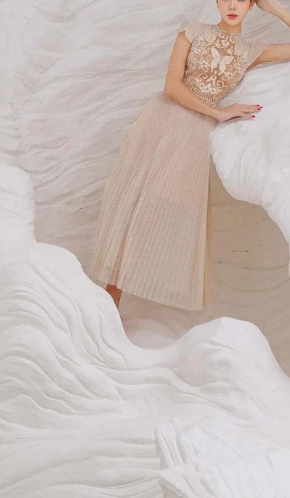 PLEATED EMBROIDERY MIDI DRESS IN BEIGE DRESS styleofcb