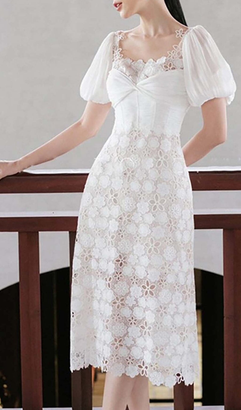 PUFF SLEEVE LACE MIDI DRESS IN WHITE DRESS STYLE OF CB 