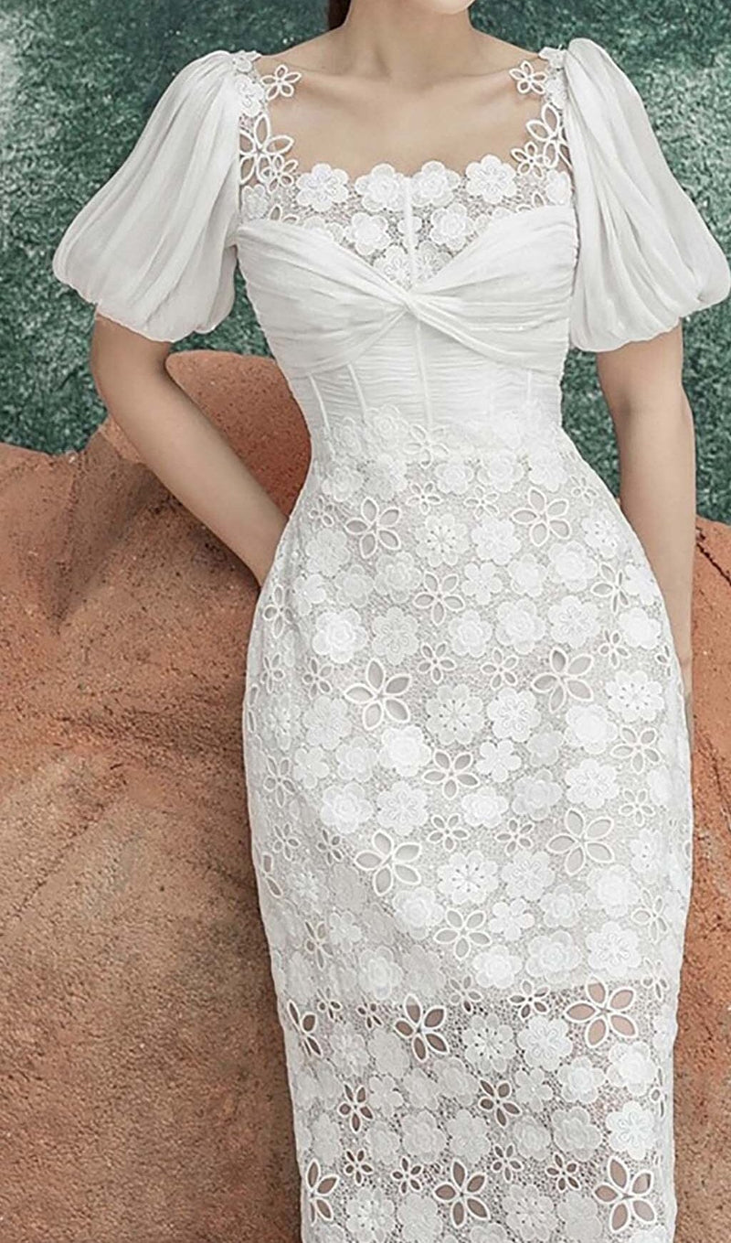 PUFF SLEEVE LACE MIDI DRESS IN WHITE DRESS STYLE OF CB 