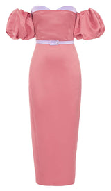 PUFF BODYCON SATIN MIDI DRESS IN ROSE