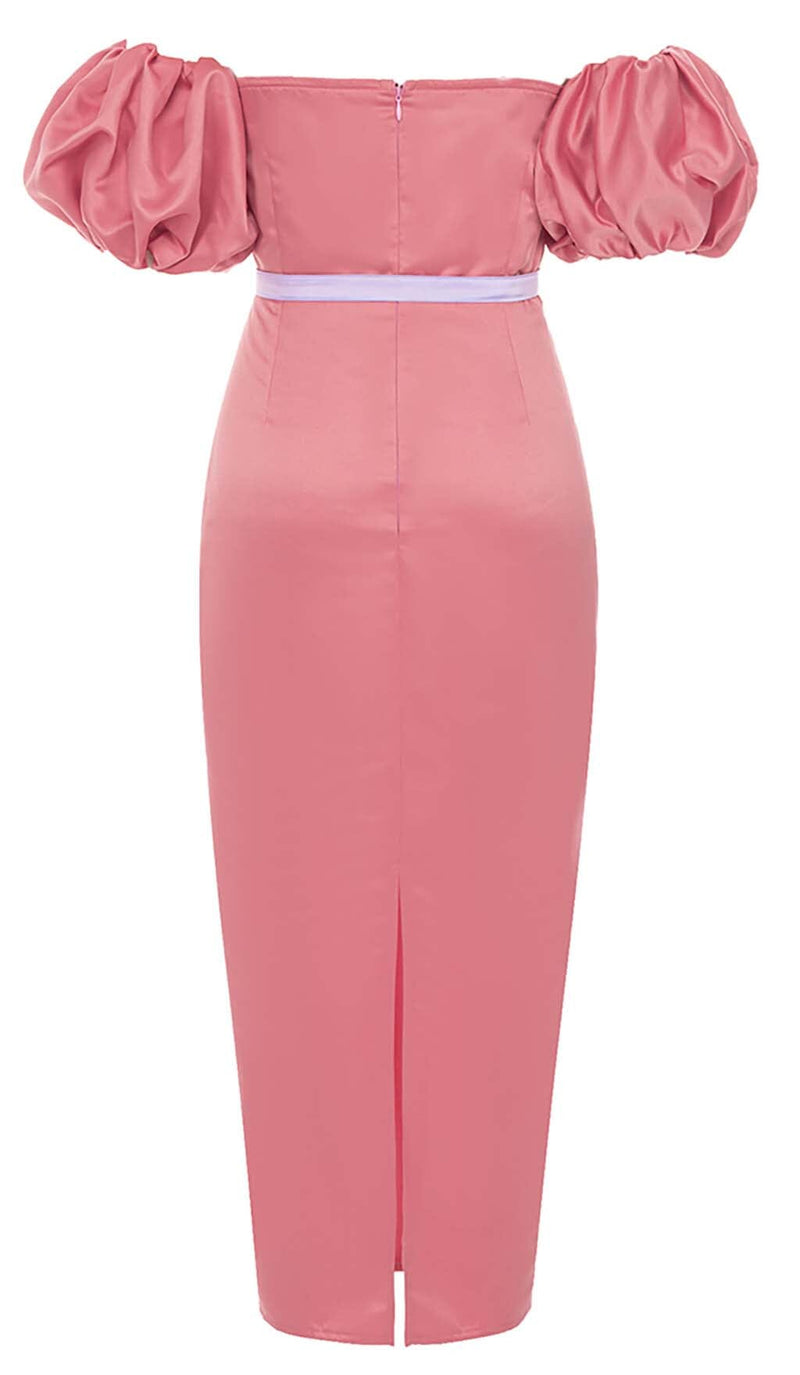 PUFF BODYCON SATIN MIDI DRESS IN ROSE