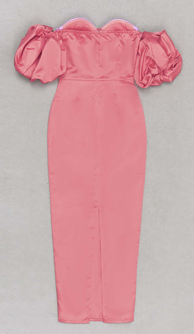 PUFF BODYCON SATIN MIDI DRESS IN ROSE