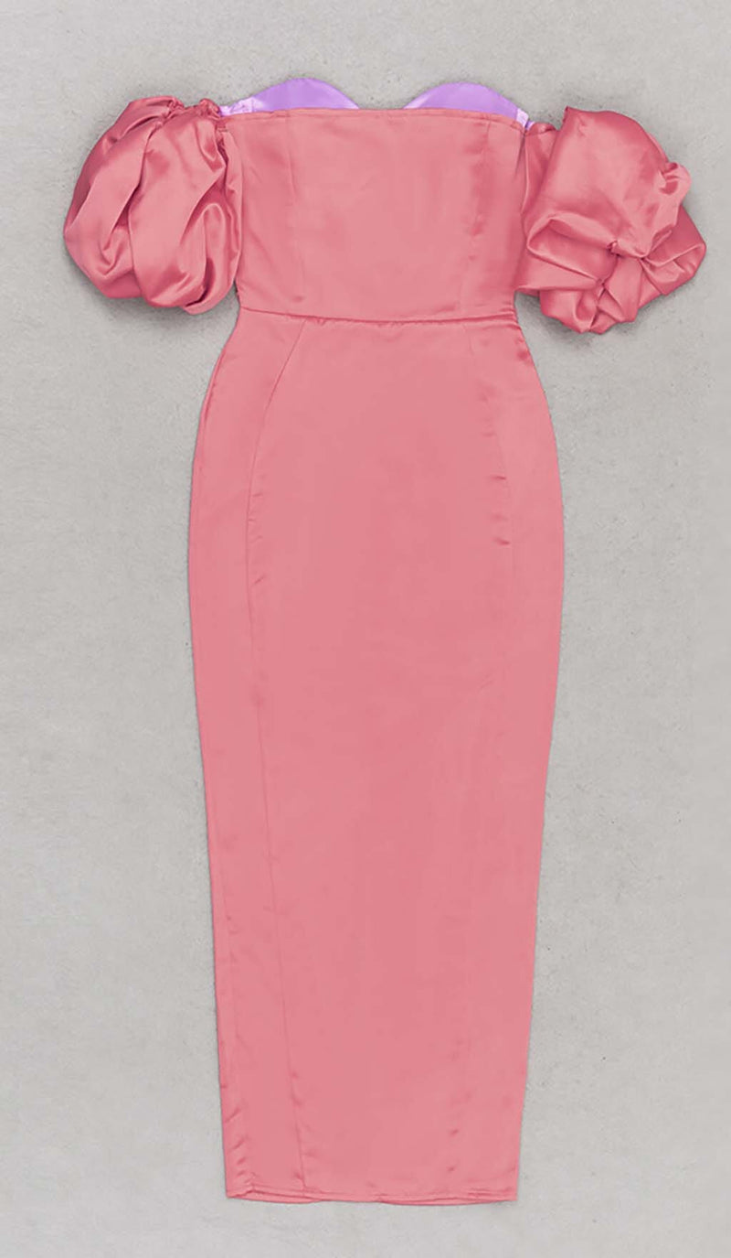 PUFF BODYCON SATIN MIDI DRESS IN ROSE