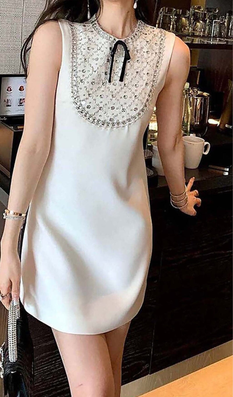 RHINESTONE BOW TIE MINI DRESS IN WHITE styleofcb 