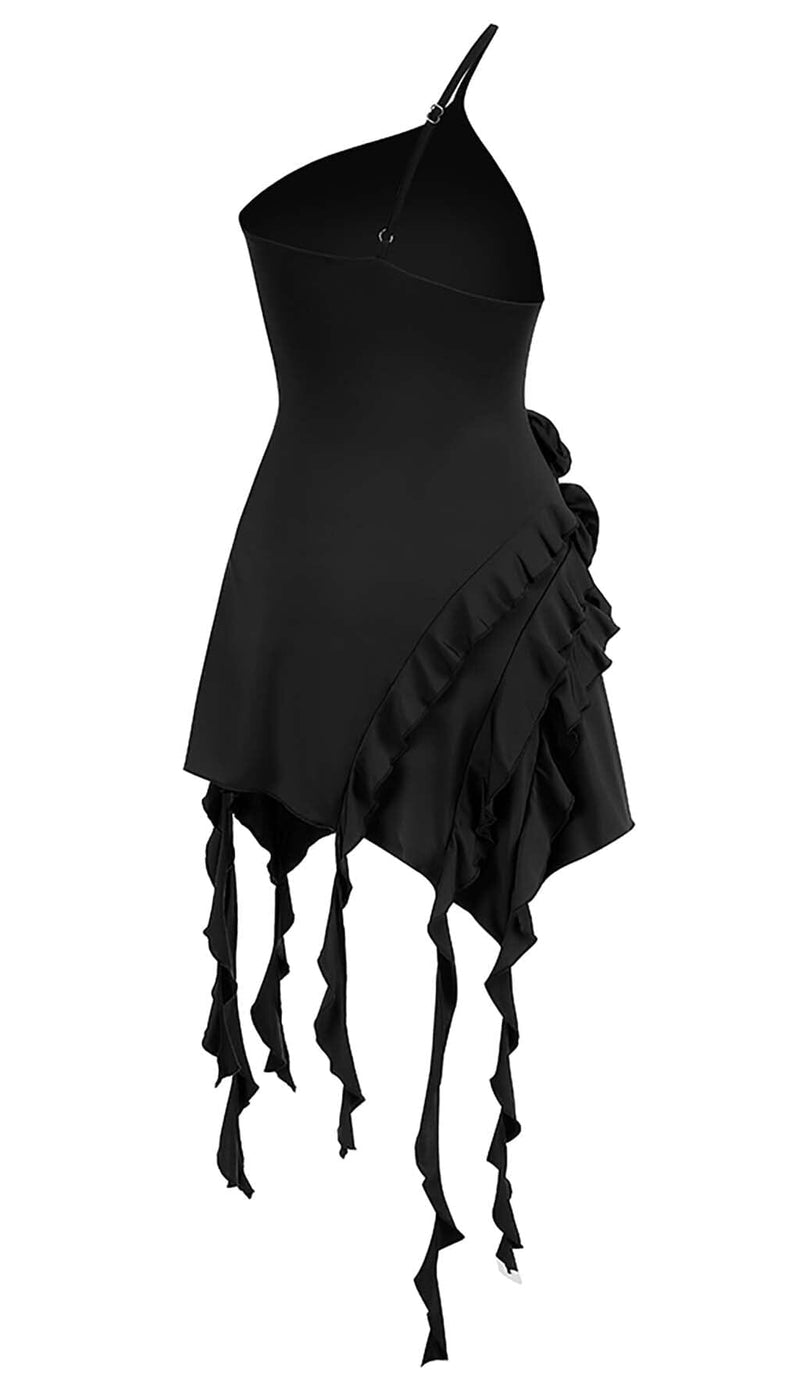 ROSE-DETAIL RUFFLED MINI DRESS IN BLACK DRESS styleofcb 