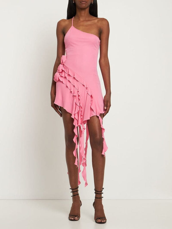 ROSE-DETAIL RUFFLED MINI DRESS IN PINK DRESS styleofcb 