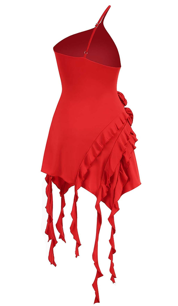 ROSE-DETAIL RUFFLED MINI DRESS IN RED DRESS styleofcb 