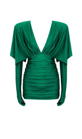 RUCHED SATIN MINI DRESS IN GREEN sis label 