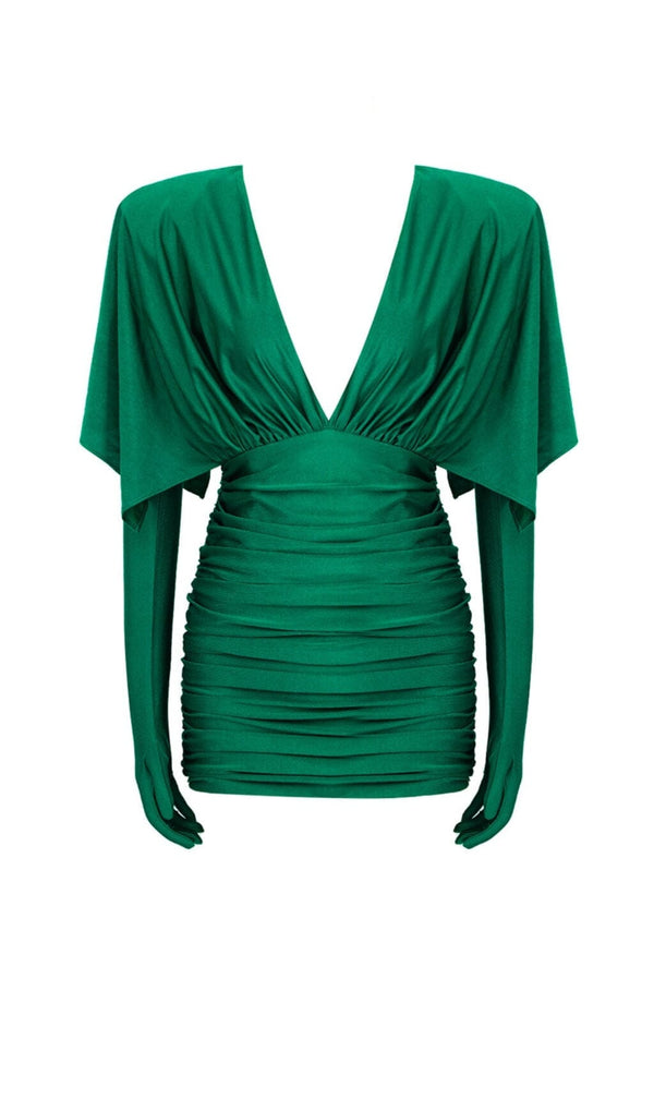 RUCHED SATIN MINI DRESS IN GREEN sis label 