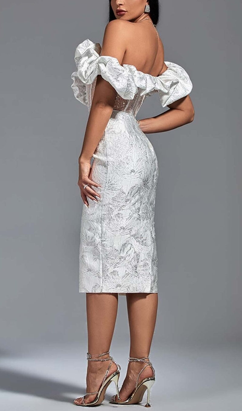 RUFFLE CORSET MIDI DRESS IN WHITE DRESS STYLE OF CB 