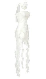 RUFFLE ROSETTE MESH MIDI DRESS IN WHITE