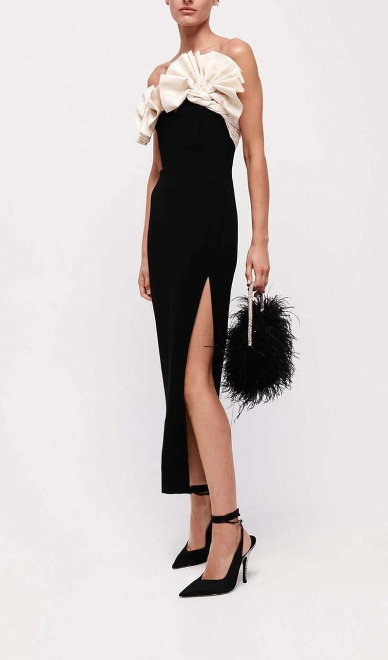 RUFFLED DETAILING SLIT MIDI DRESS IN BLACK DRESS styleofcb 