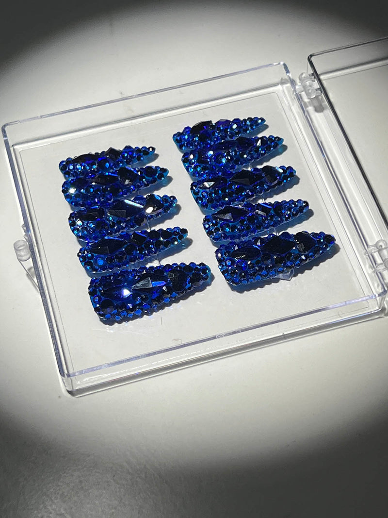 ROYAL BLUE CRYSTAL STILLETO HANDMADE PRESS ON NAILS