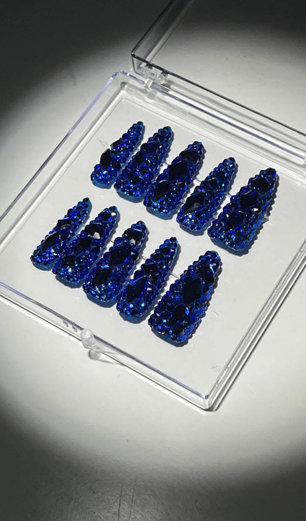 ROYAL BLUE CRYSTAL STILLETO HANDMADE PRESS ON NAILS