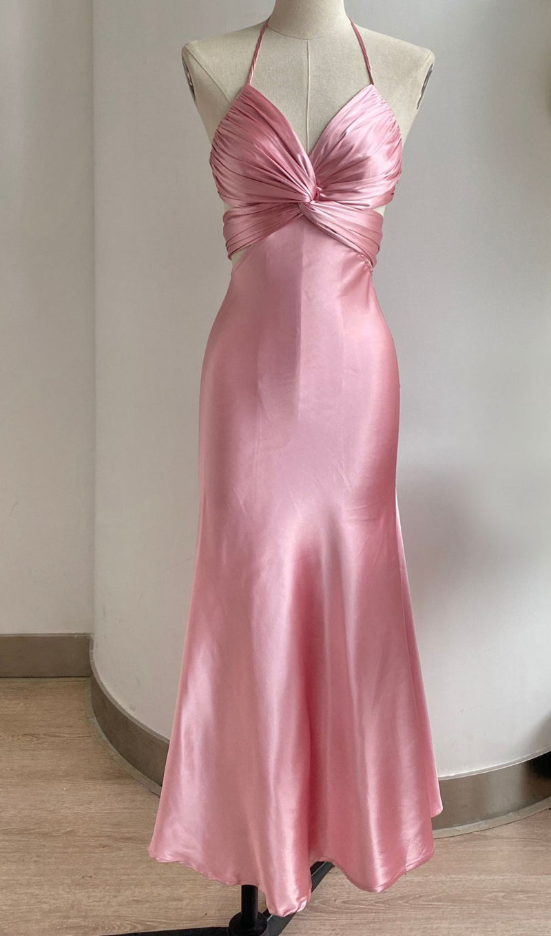 SATIN HALTER CUT OUT MAXI DRESS IN PINK