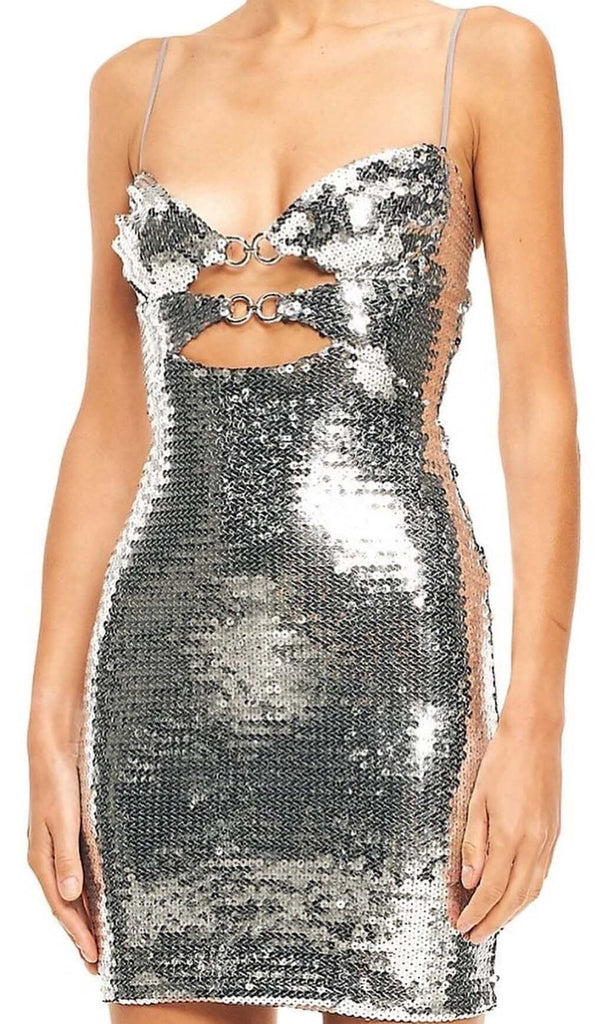 SEQUIN CUTOUT DRAPED MINI DRESS IN METALLIC SILVER sis label 