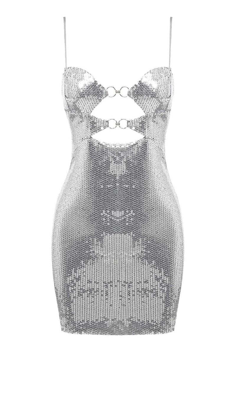 SEQUIN CUTOUT DRAPED MINI DRESS IN METALLIC SILVER sis label 