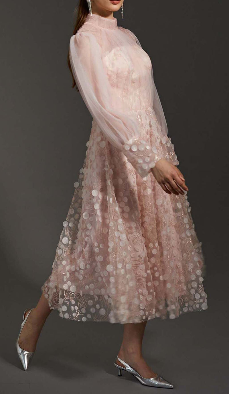 SEQUIN MESH TULLE MIDI DRESS IN PINK