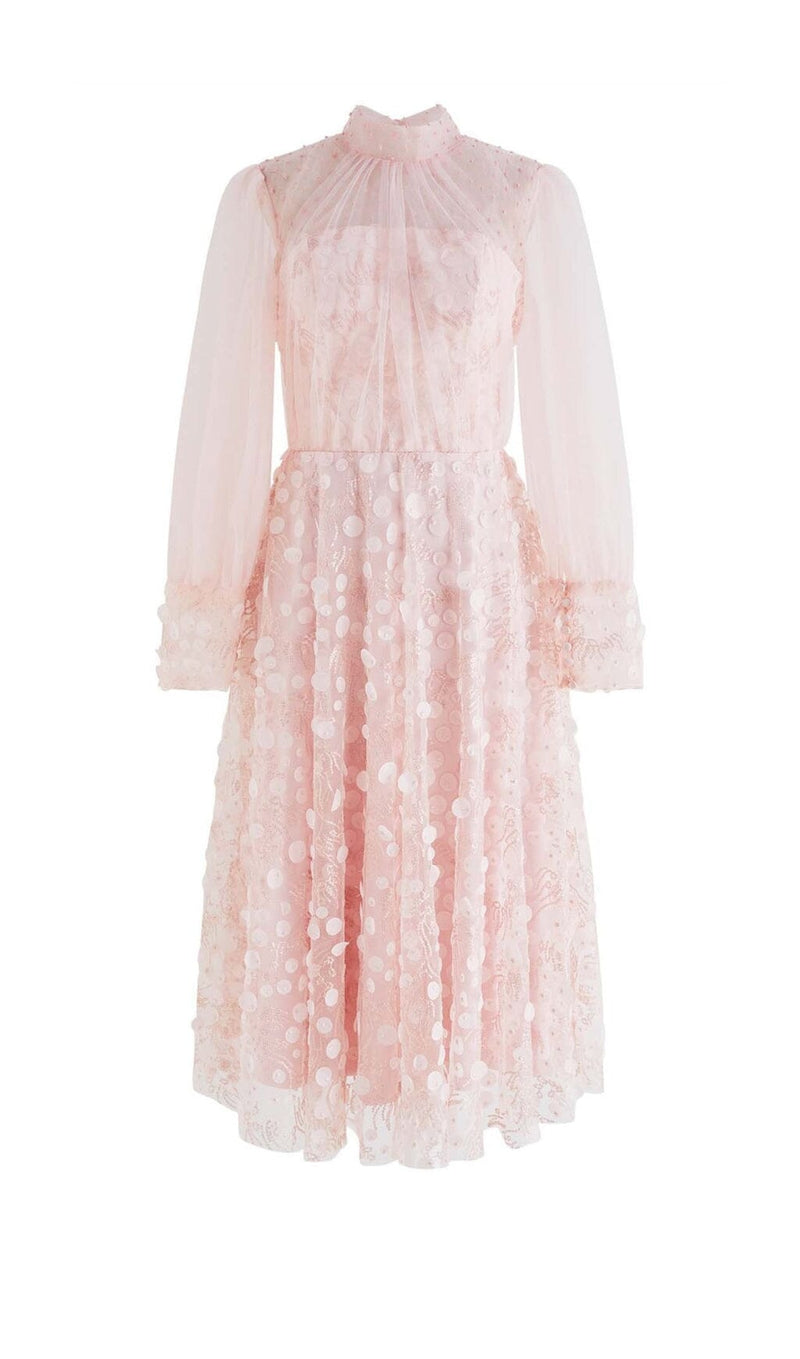 SEQUIN MESH TULLE MIDI DRESS IN PINK