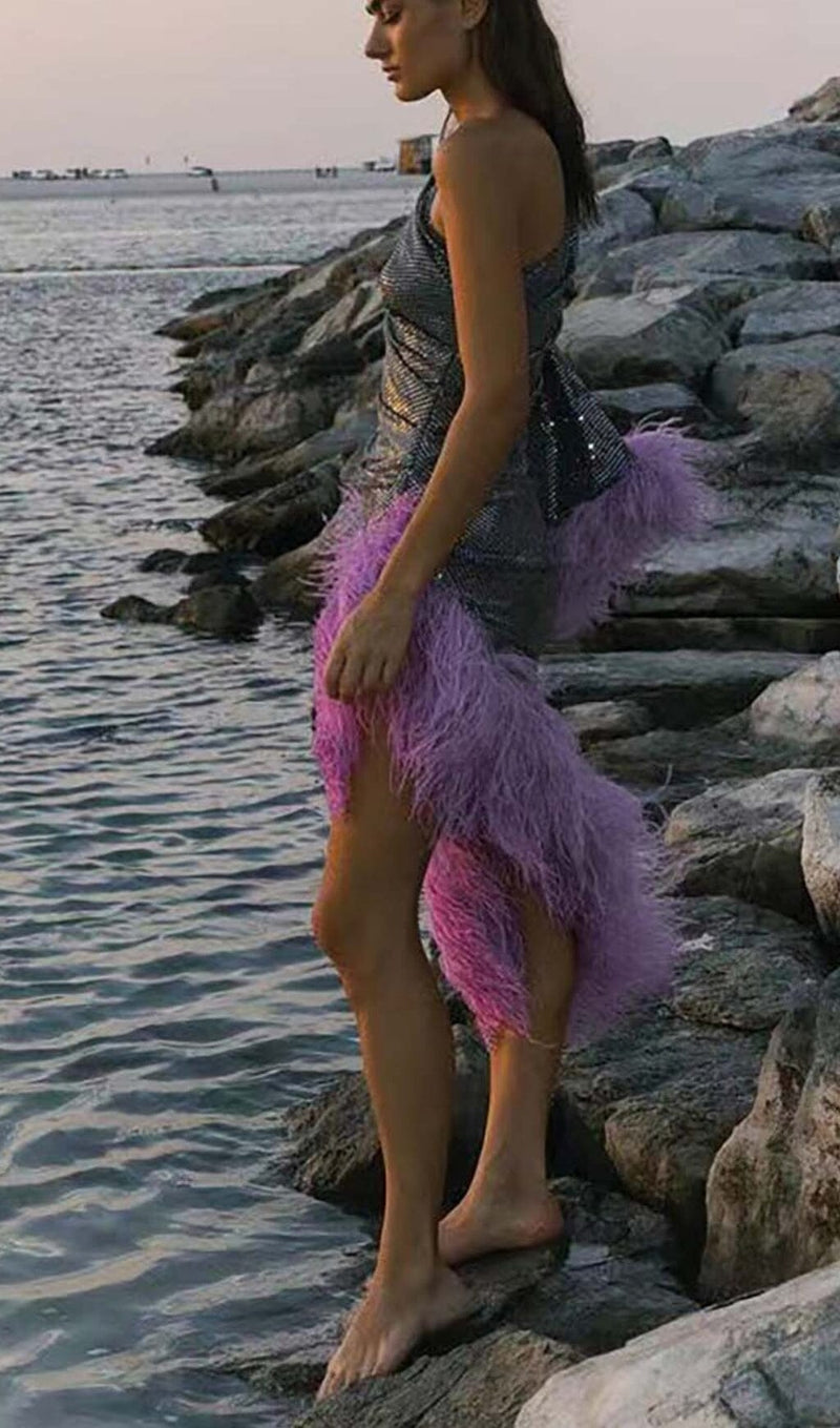 SEQUIN FEATHER HIGH-LOW DRESS IN SLIVER DRESS STYLE OF CB 