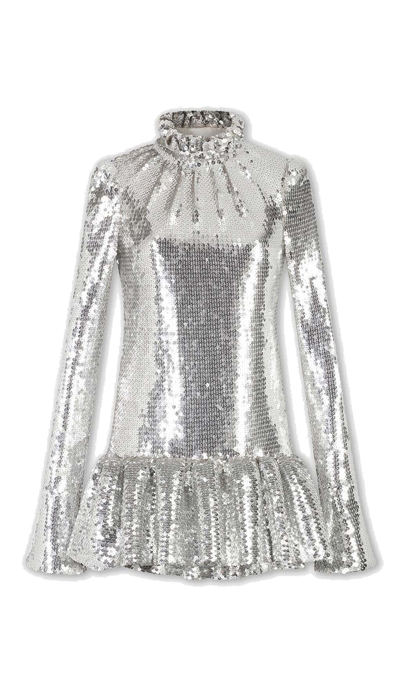 SEQUIN RUFFLE MINI DRESS IN METALLIC SILVER DRESS STYLE OF CB 