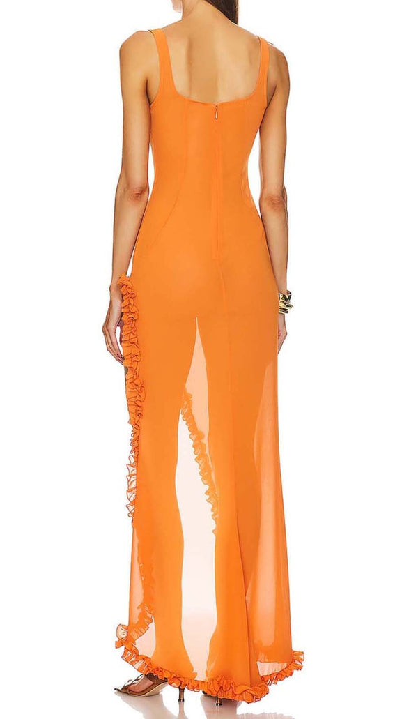 SHEER RUFFLED MAXI DRESS IN ORANGE DRESS styleofcb 