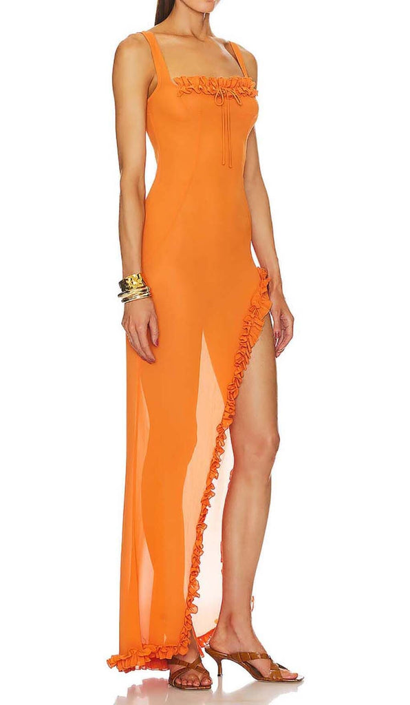 SHEER RUFFLED MAXI DRESS IN ORANGE DRESS styleofcb 