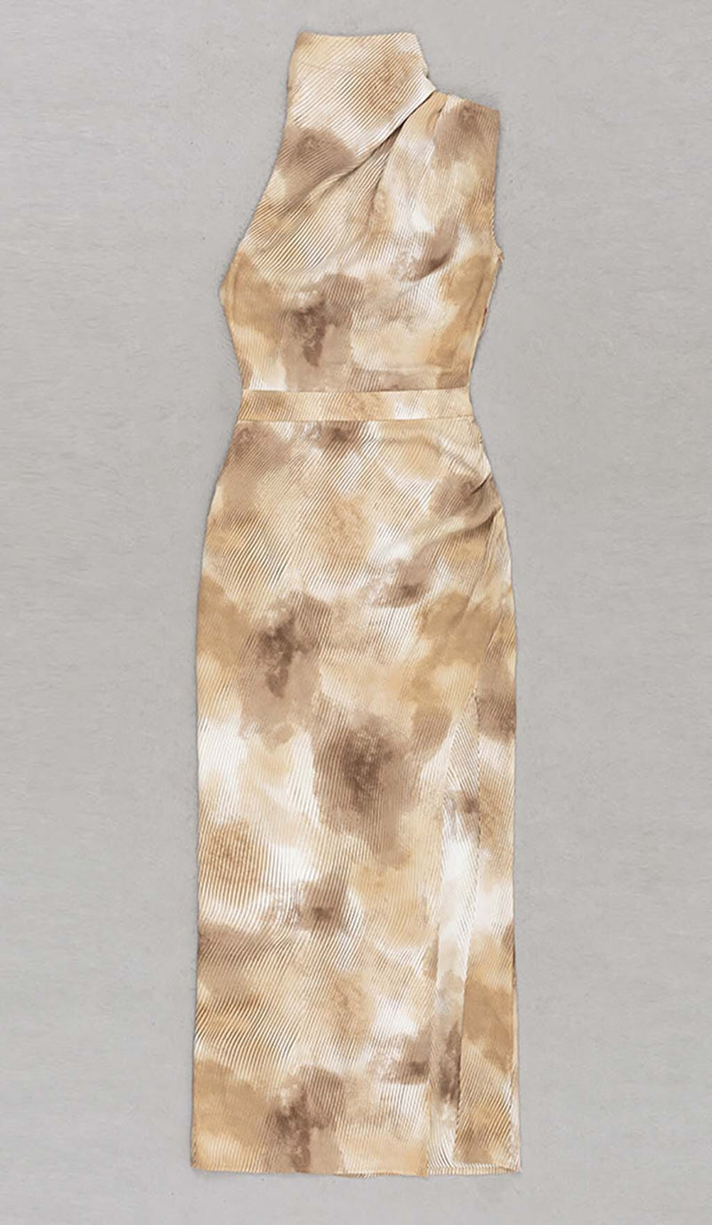 SPOT-PRINT THIGH SLIT MIDI DRESS IN COFFEE BEANS