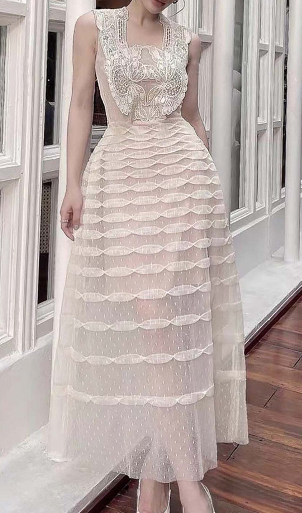 STITCHING LACE TIERED MIDI DRESS IN WHITE DRESS sis label 