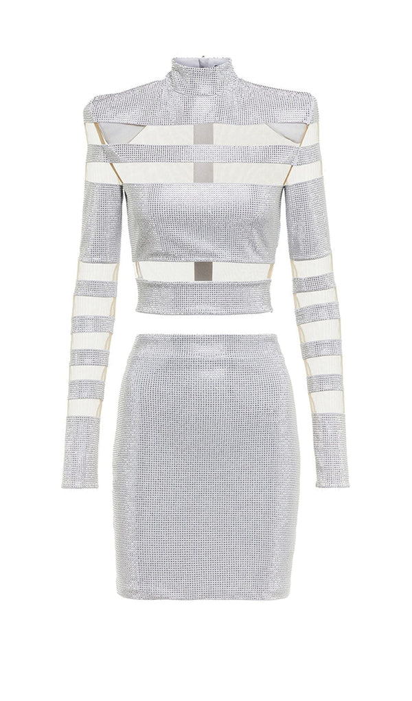 STRIPED RHINESTONE TWO PIECE SET IN SLIVER DRESS STYLE OF CB 