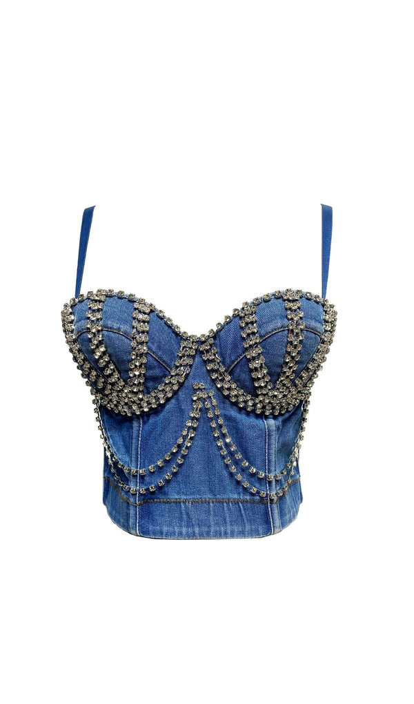 DENIM CRYSTAL CHAIN CROP TOP Tops styleofcb 