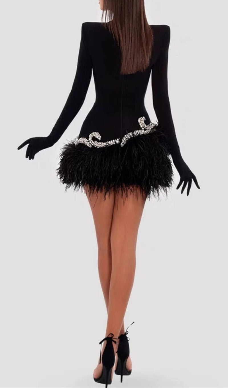 FEATHER VELVET GLOVES MINI DRESS IN BLACK DRESS sis label 