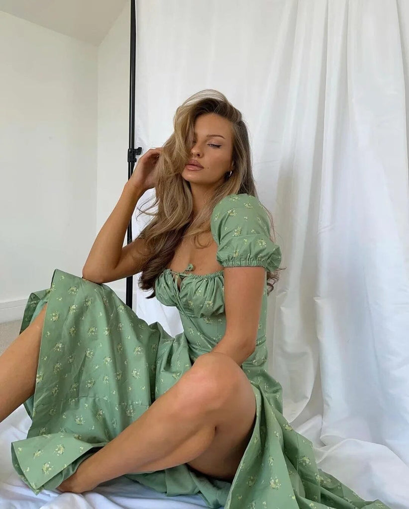 VINTAGE FLORAL PUFF SLEEVE MIDI DRESS IN GREEN styleofcb 