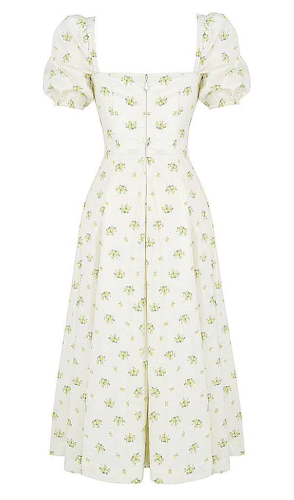 VINTAGE FLORAL PUFF SLEEVE MIDI DRESS IN WHITE styleofcb 