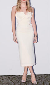 WAIST-TIGHTENING PEARL MIDI DRESS IN WHITE styleofcb 