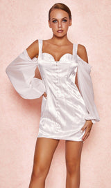 WHITE CORSET DRESS WITH BLOUSON SLEEVES