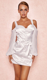 WHITE CORSET DRESS WITH BLOUSON SLEEVES